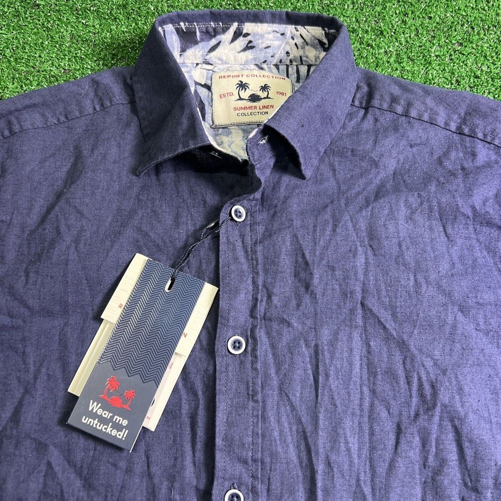 Report Collection Summer Linen Mens Blue Button Down Short Sleeve Size‎ Med NWT